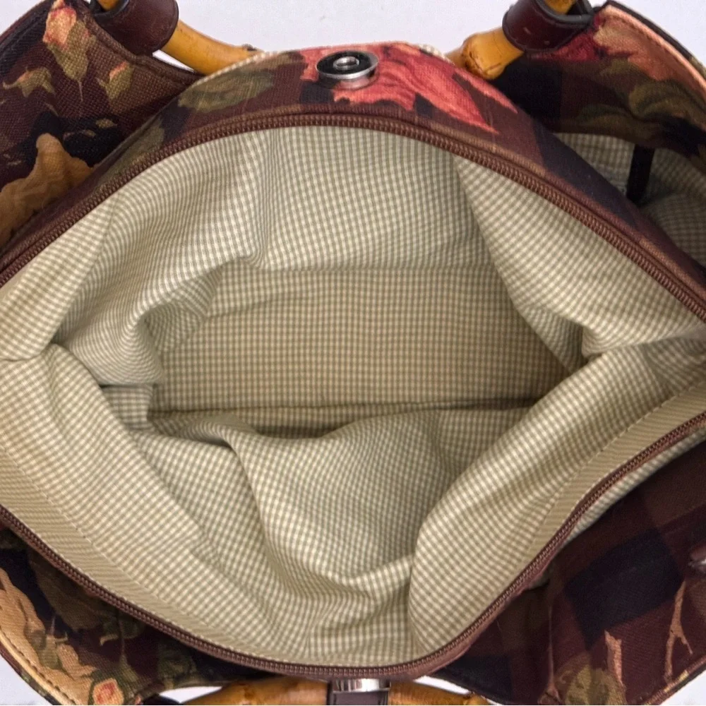Cynthia Hart Los Angeles Floral Plaid Tote Bag Purse Bamboo Handles Gold Brown - Picture 10 of 14